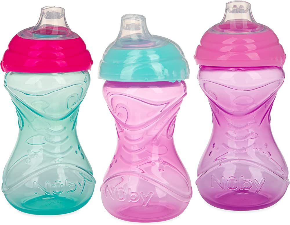 Nuby 3 Piece No-Spill Easy Grip Cup with Soft Flex Spout, Clik It Lock Feature, Girl, 10 Ounce | Amazon (US)