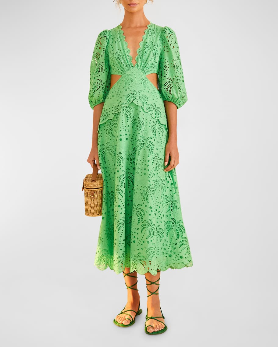 Farm Rio Green Richelieu Cutwork Midi Dress | Neiman Marcus