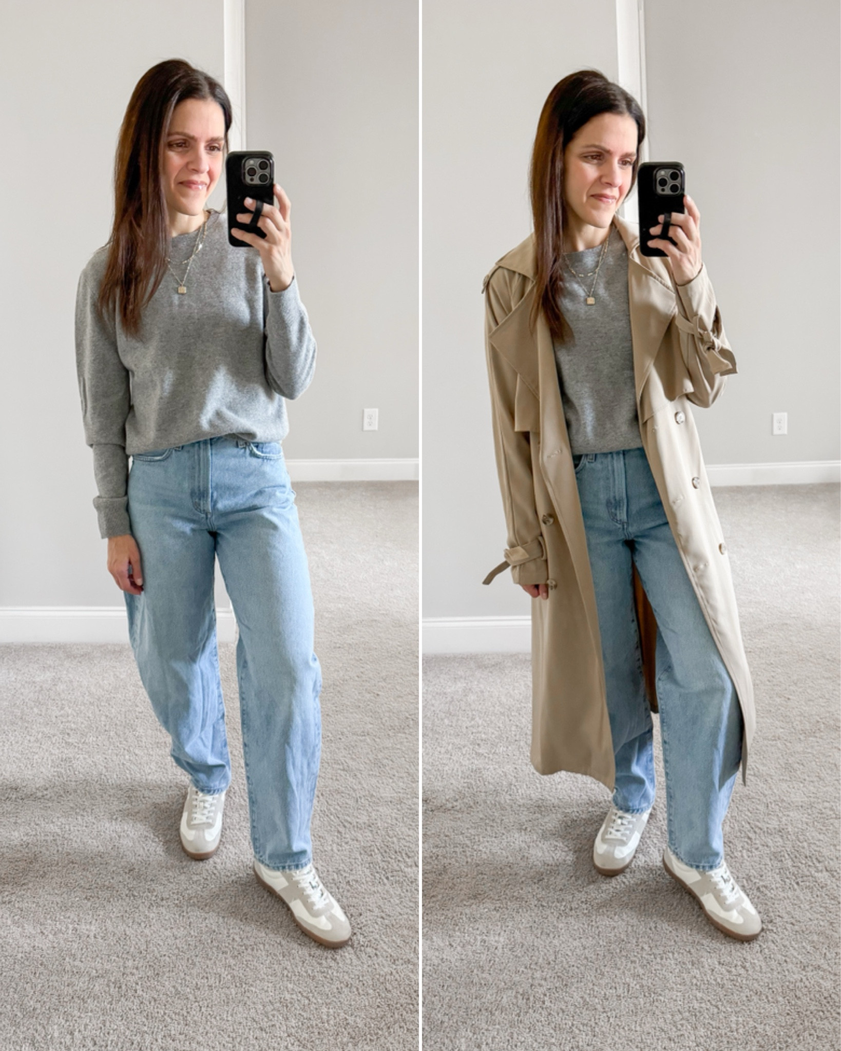 Spring ootd - crewneck cashmere sweater (tts), Agolde balloon jean (sized down 1), sneakers (tts), trench (older, linked similar) 

#LTKStyleTip