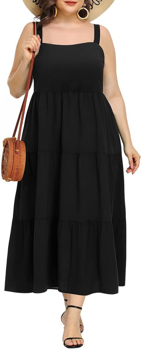 Plus Size Spaghetti Strap Women Tiered Boho Maxi Long Dress with Pockets Casual Flowy Sundress | Amazon (US)