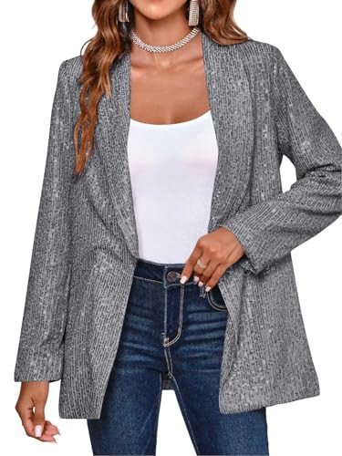 Cicy Bell Women's Sequin Shiny Blazer Casual Laple Long Sleeve Sparkly Party Jackets Blazer Grey | Amazon (US)