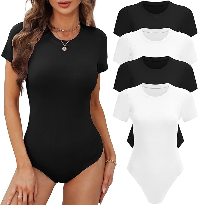 BALENNZ Women's 4/5 Pack Short Sleeve Round Neck Bodysuit Tops Crew Neck Basic Casual Tshirt Body... | Amazon (US)
