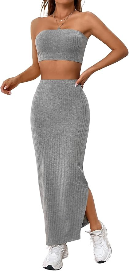 Verdusa Women's 2 Piece Lounge Set Comfy Outfits Knit Tube Crop Tops and Split Midi Skirt Sets | Amazon (US)
