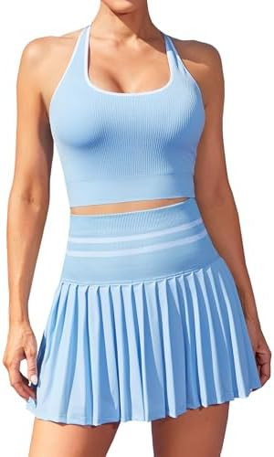 ATTRACO 2 Piece Tennis Dresses for Women High Waisted Pleated Skirt Sets Seamless Colorblock Golf... | Amazon (US)