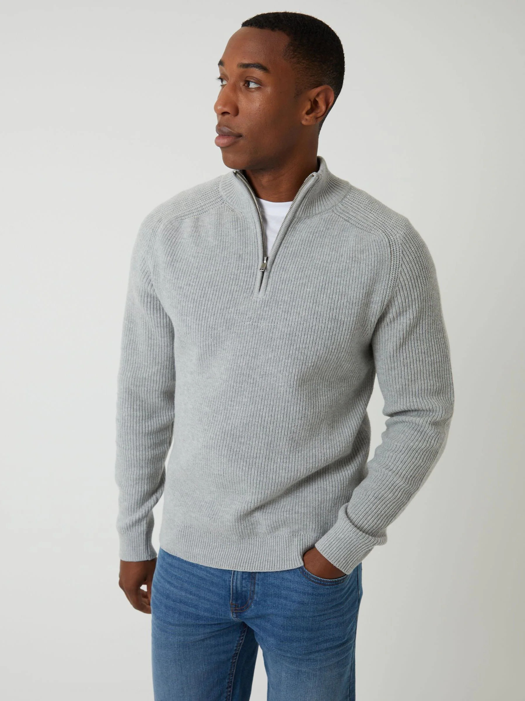Threadbare Threadbare Grey Rib Panel Quarter Zip Knitted Jumper | Next US