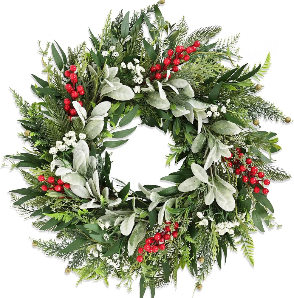 24" Realistic Christmas Wreath with Red Berries, Winter Eucalyptus Artificial Faux Evergreen Wrea... | Amazon (US)