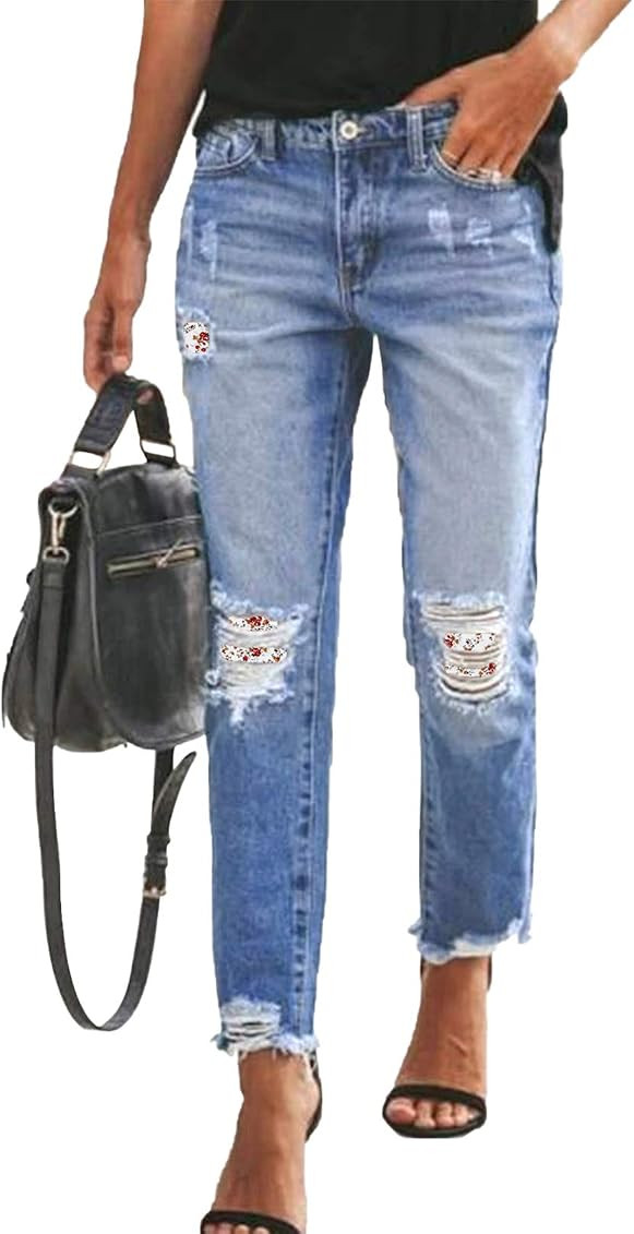 Astylish Womens Plaid Patch Ripped Boyfriend Distressed Stretch Skinny Denim Jeans with Hole | Amazon (US)