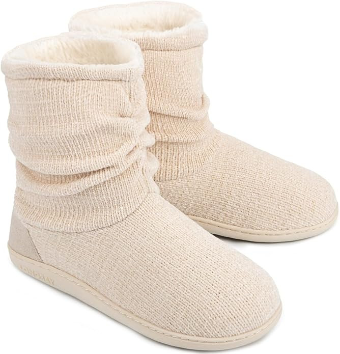 LongBay Women's Chenille Knit Bootie Slippers Cute Warm Plush Fleece Memory Foam House Shoes Indo... | Amazon (US)