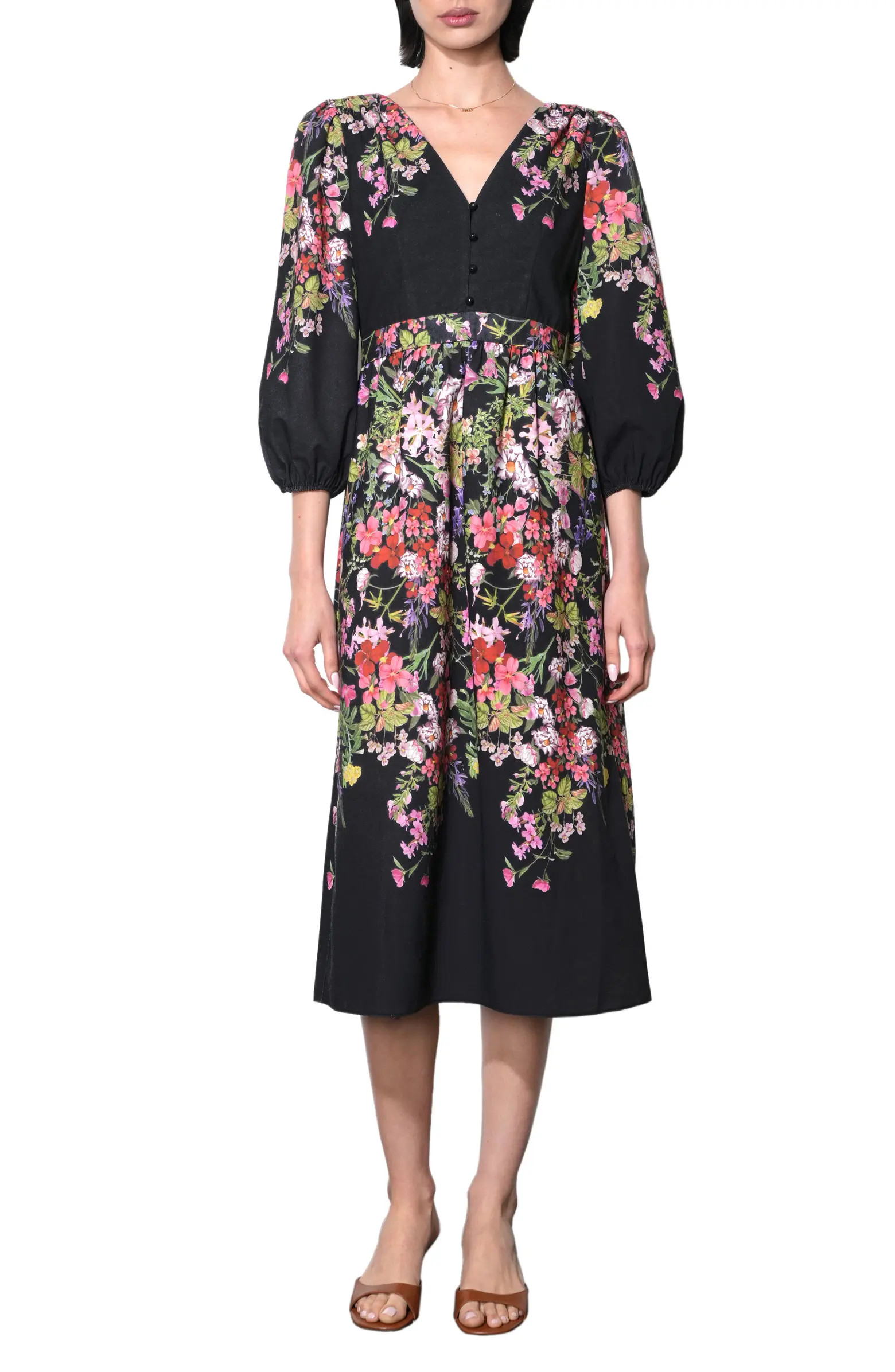 Tessa Floral Print Balloon Sleeve Midi Dress | Nordstrom