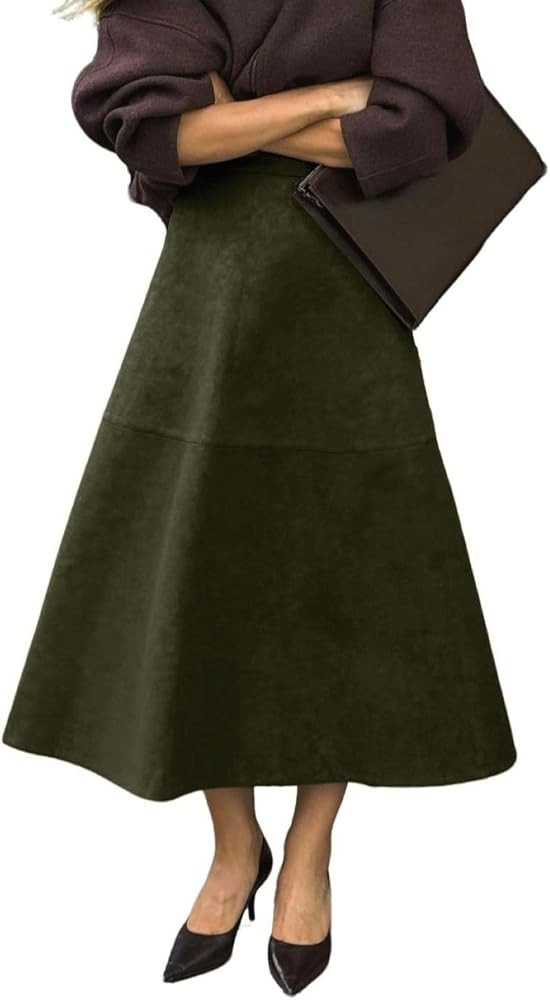 CHARTOU Women Long Faux Suede Leather Skirt Vintage High Waist Fall Winter Flared Maxi A Line Ski... | Amazon (US)