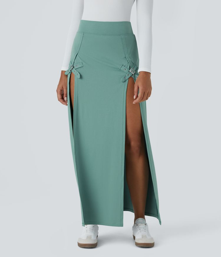 Women’s High Waisted Decorative Buckle Split 2-in-1 Maxi Casual Skirt - Halara | HALARA