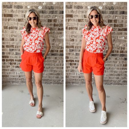Walmart ruffle floral top // size small $20
high rise pleated trouser shorts $20 
Size 2 

#LTKParties #LTKStyleTip #LTKOver40