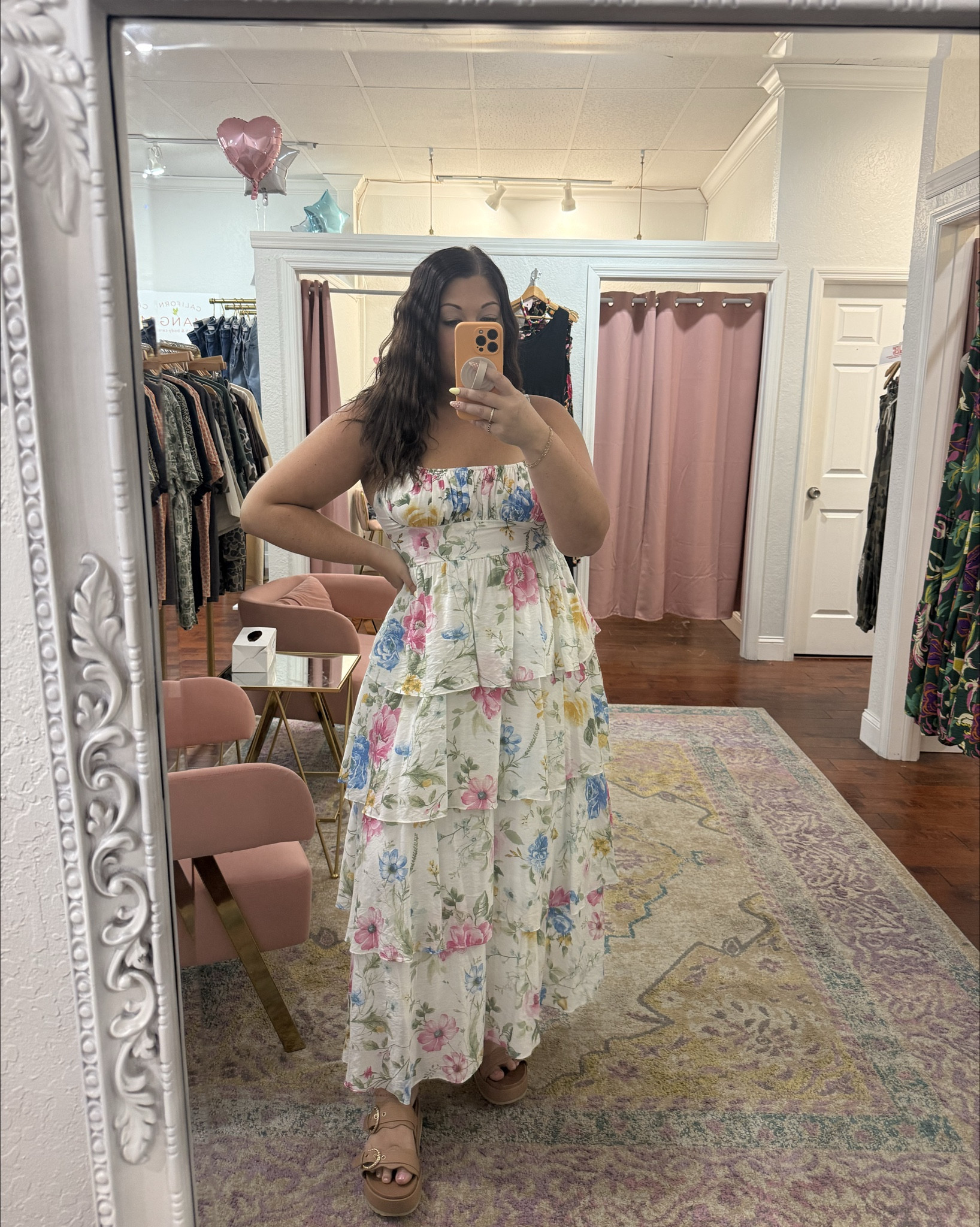 Spring & summer perfection 🌸✨ This flowy floral dress is giving all the romantic vibes — lightweight, flattering, and so easy to dress up or down. I’m obsessed with the tiered detail and soft colors! Perfect for brunch, vacations, and the cutest wedding guest look 💐💍

Wearing a size large in the dress. 

#LTKMidsize #LTKgrwm #LTKWedding