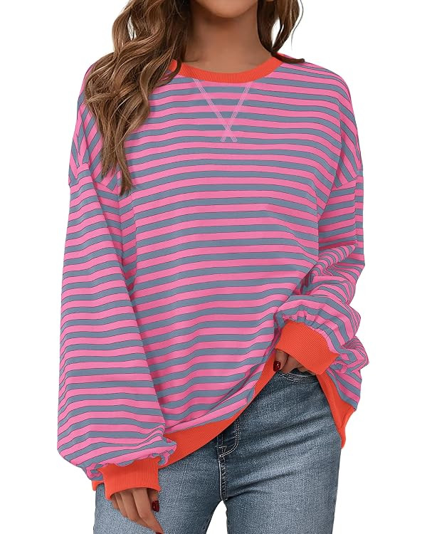 BTFBM Sweatshirt For Women 2026 Fall Crewneck Long Sleeve Oversized Striped Pullover Tops Y2K Clo... | Amazon (US)