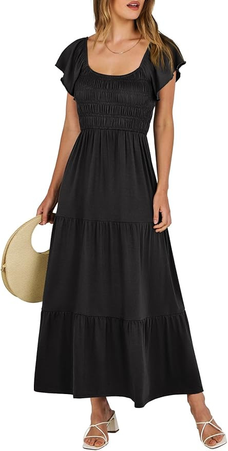ANRABESS Women’s 2024 Summer Casual Maxi Dress Flutter Sleeve Scoop Neck Smocked Tiered A Line ... | Amazon (US)