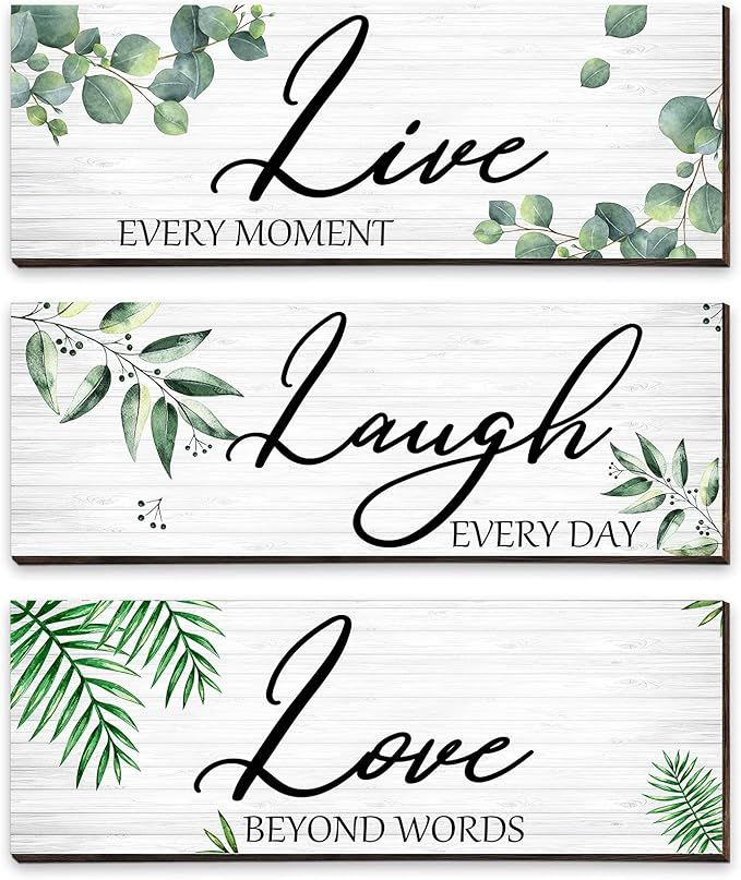 3 Pieces Live Laugh Love Wooden Sign Eucalyptus Leaves Wall Sign Farmhouse Botanical Leaf Sign Gr... | Amazon (US)
