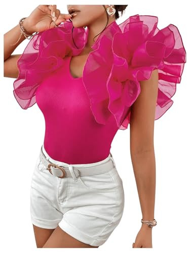 OYOANGLE Women's Ruffle Trim Short Sleeve V Neck Blouses Solid Slim Fit Rib Knitted Partywear Shirt Tops Hot Pink X-Large | Amazon (US)