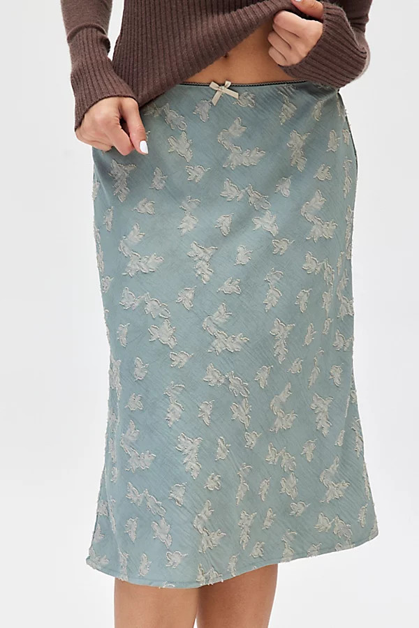Urban Renewal Remnants Textured Floral Jacquard Knee Length Skirt in Green Blue, Women's at Urban Outfitters | Urban Outfitters (US and RoW)