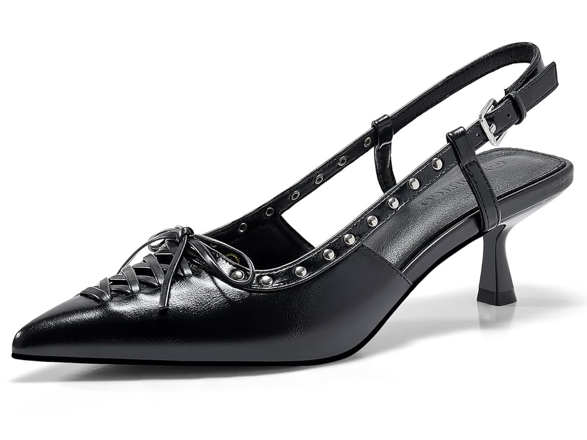 Coutgo Womens Slingback Kitten Heels Closed Pointed Toe Low Heel Dress Shoes Studded Bow Pumps | Amazon (US)