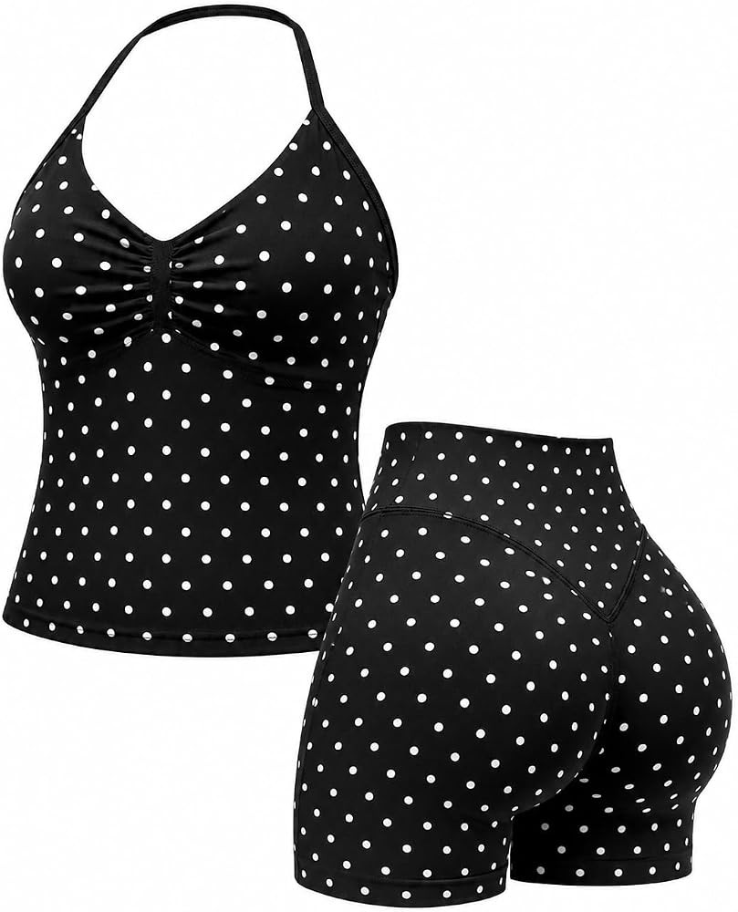 YOUNGDEER Women Polka Dot Yoga Set, Halter Sports Bra & High Waist Shorts | Amazon (US)