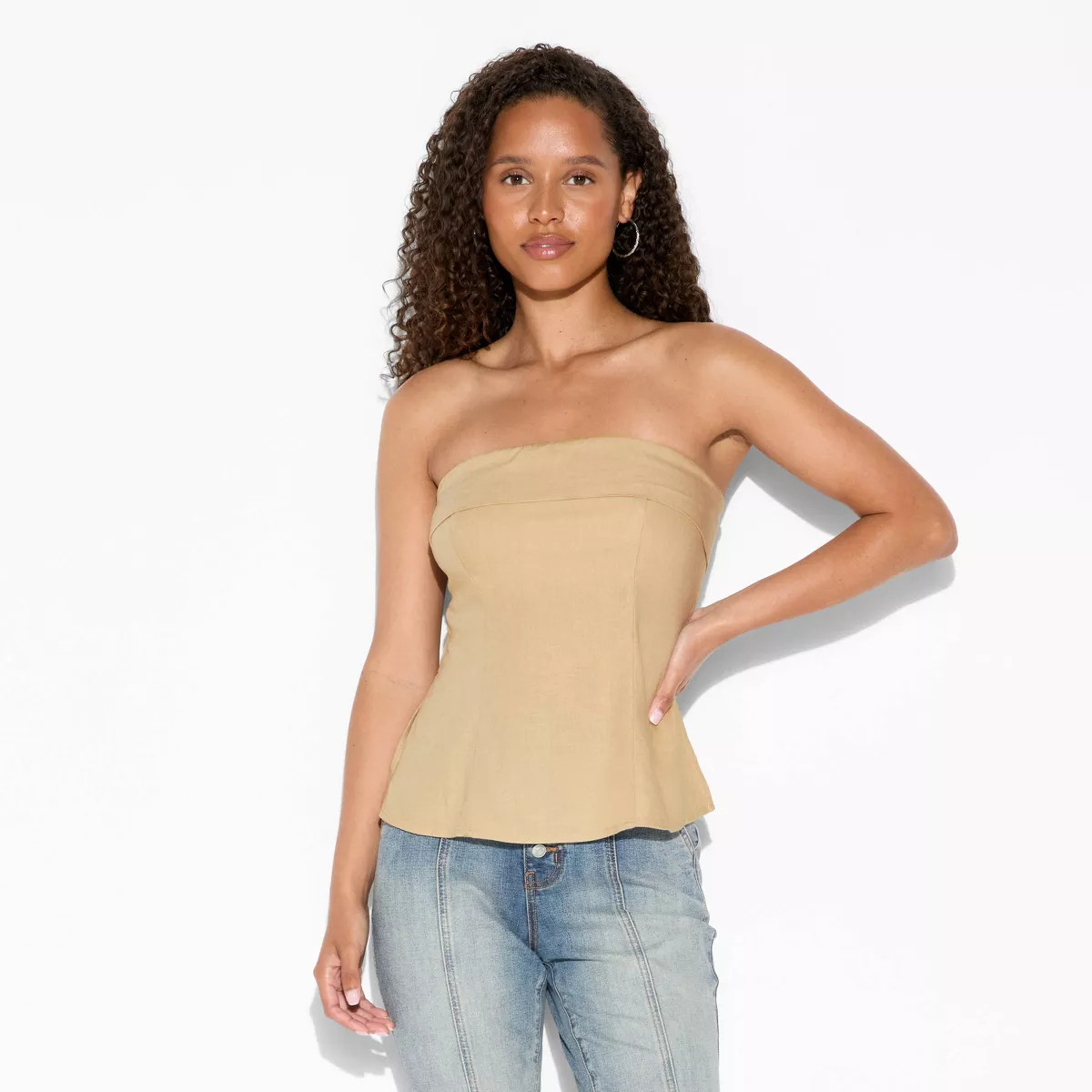 Women's Foldover Linen Blend Tube Top - Wild Fable™ Taupe L | Target