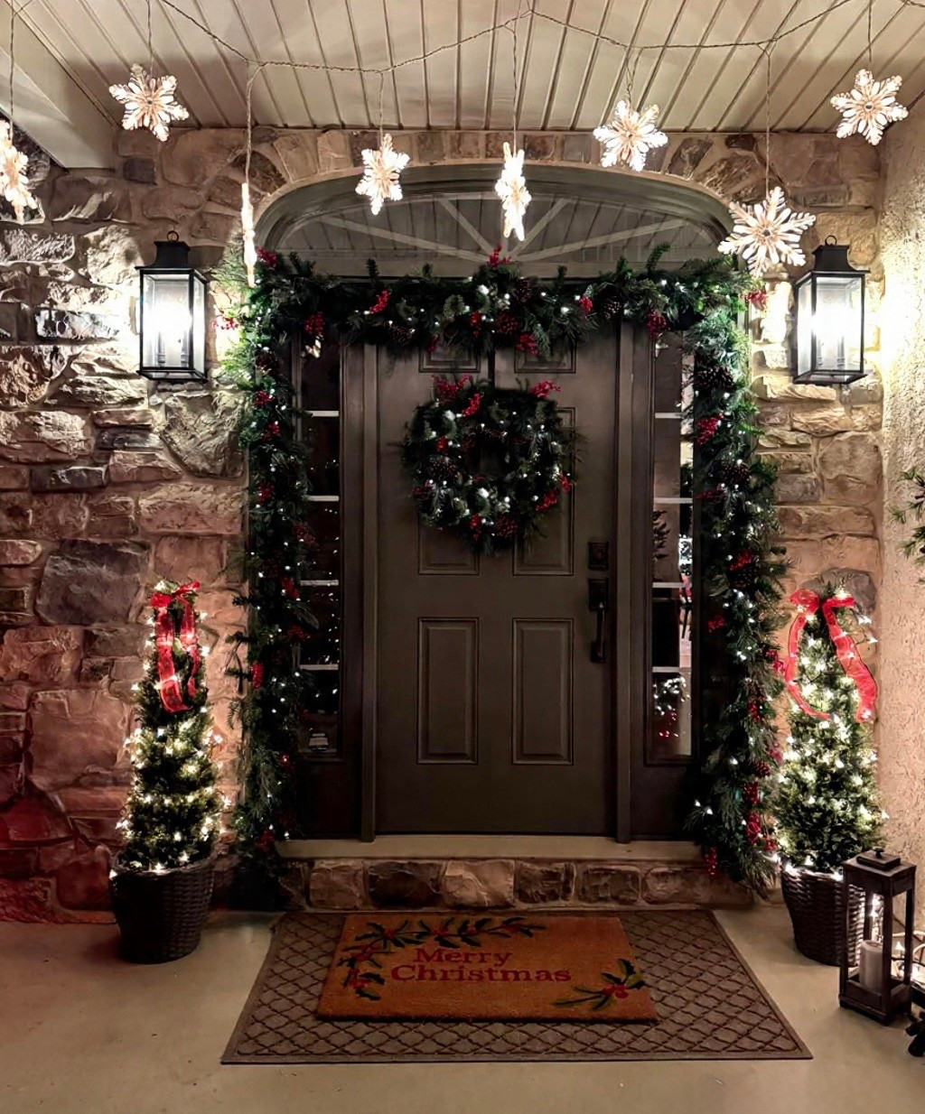 Porch decor! Beautiful classic wall sconces, weather resistant water hog mat, Merry Christmas mat, 4’ cedar topiary trees set of two, beautiful pre-lit outdoor Christmas wreath and garland, similar hanging warm white stars lights as mine    

#LTKHome #LTKHoliday #LTKSeasonal