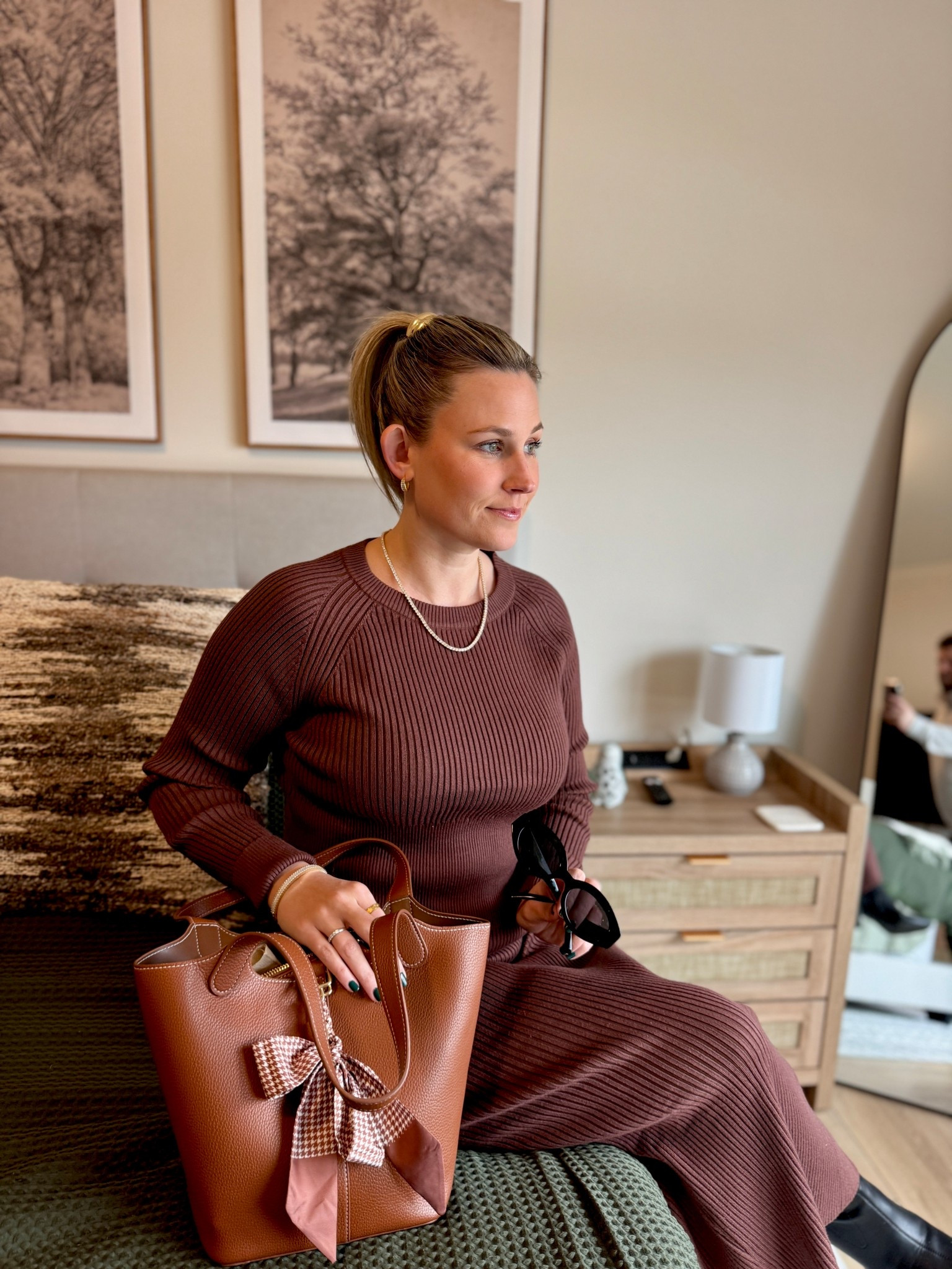 Brown sweater skirt set! I love this bucket bag so much! Wearing a small in my skirt and sweat set! 
Purse is from Lulu’s- I wasn’t able to link because it’s sold out. 

#LTKgrwm #LTKWorkwear #LTKmomlife