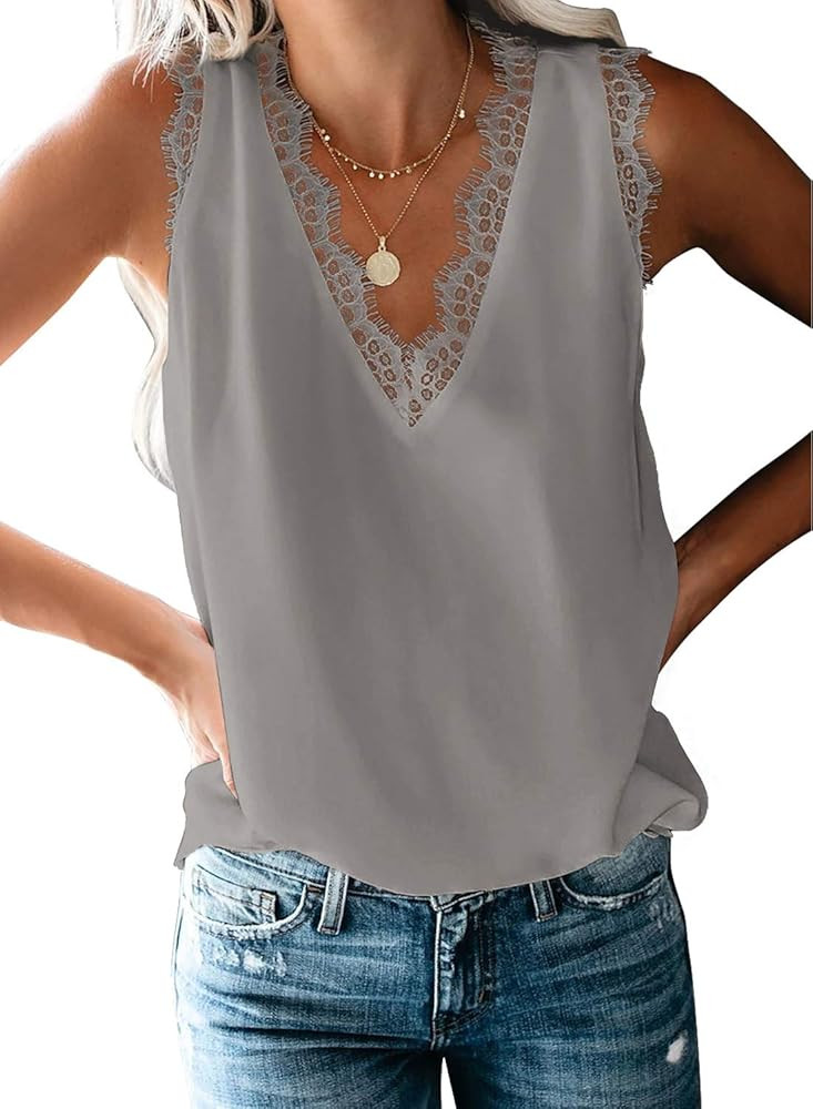 BLENCOT Women Lace Trim Tank Tops V Neck Fashion Casual Sleeveless Blouse Vest Shirts | Amazon (US)