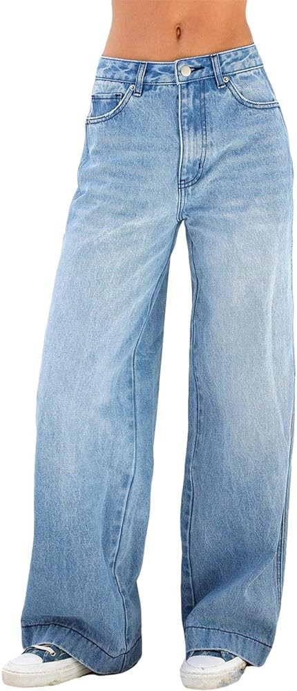 Women's Wide Leg Boyfriend Jeans - Straight Leg Denim Pants - Low Rise Baggy Casual Loose Jeans | Amazon (US)