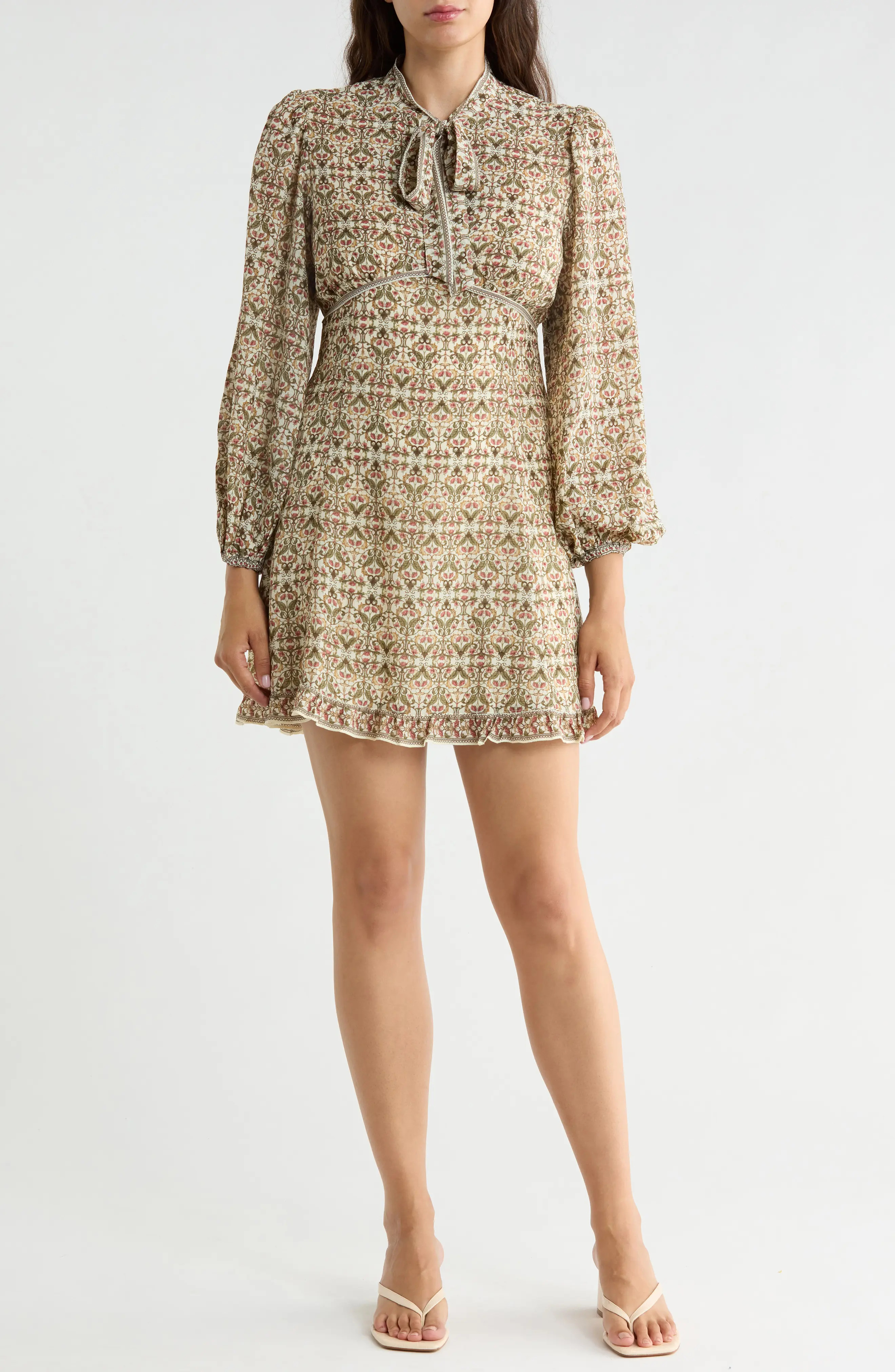 MAX STUDIO Tie Neck Long Sleeve Dress in Dkgrpboc-Dark Green/Purple at Nordstrom Rack, Size Small | Nordstrom Rack