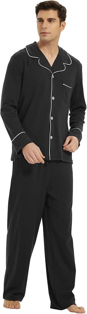 U2SKIIN Mens Cotton Pajama Set, Soft Long Sleeve Pajamas for men Lightweight Button Up Sleepwear ... | Amazon (US)