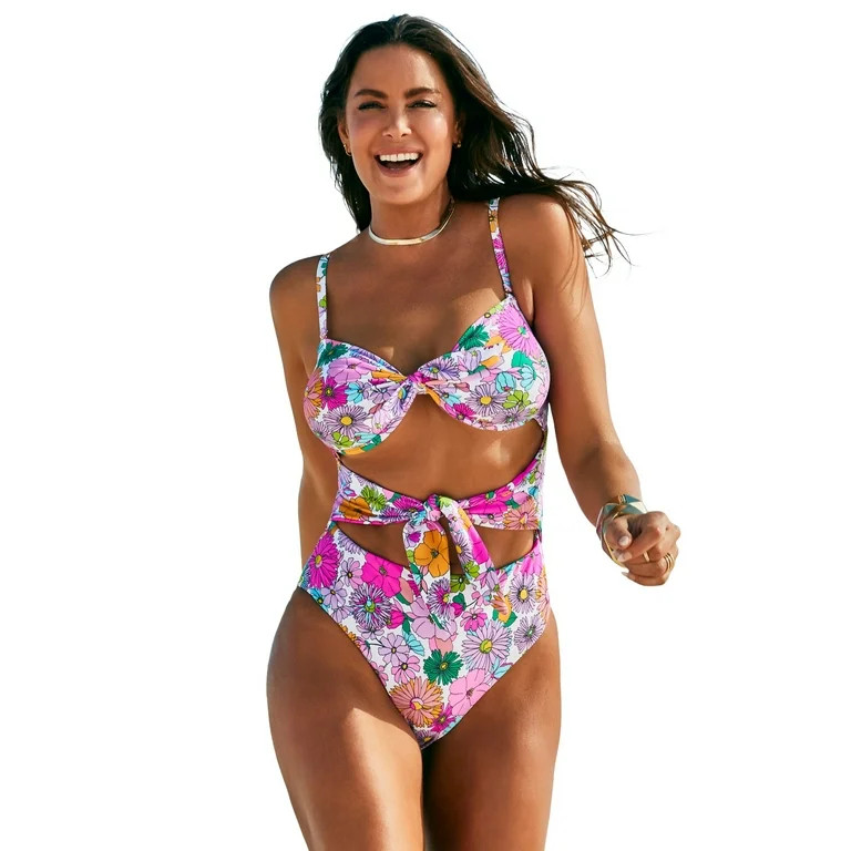 Swimsuits For All Women's Plus Size Underwire Tie Front Bandeau One Piece 18 Bright Floral | Walmart (US)