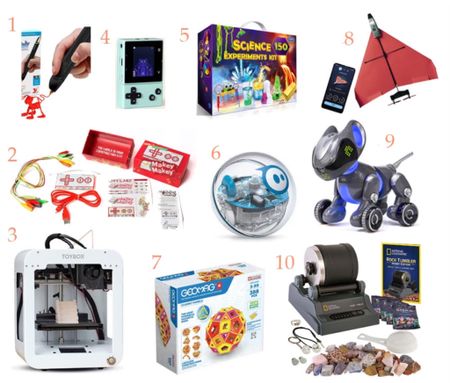 My youngest is science obsessed, and I love to keep my kids focused on Science and Math as much as I can. Here some STEM gifts sure to please your kids, tweens and teens:


1. 3D Printing Pen
2. Makey Makey STEM Kit
3. Toybox 3D 1-Touch Printer
4. Create your own video game set
5. 150 Experiments Science Kit
6. Sphero BOLT: App-Enabled Robot Ball 
7. GEOMAG Panels set
8. POWERUP 4.0 The Next-Generation Smartphone RC
9. Educational Insights PYXEL A Coder’s Best Friend
10. NATIONAL GEOGRAPHIC Rock Tumbler Kit 



#giftguide #kidsgifts #kidgiftideas #teengiftideas #teengiftguide #teengifts #tweengiftideas #tweengiftguide#tweengifts #mathgifts #educationalgifts #educationalgift #sciencegifts #STEMgifts #educationalgifts #educationalgiftguide 

#LTKGiftGuide #LTKkids #LTKHoliday