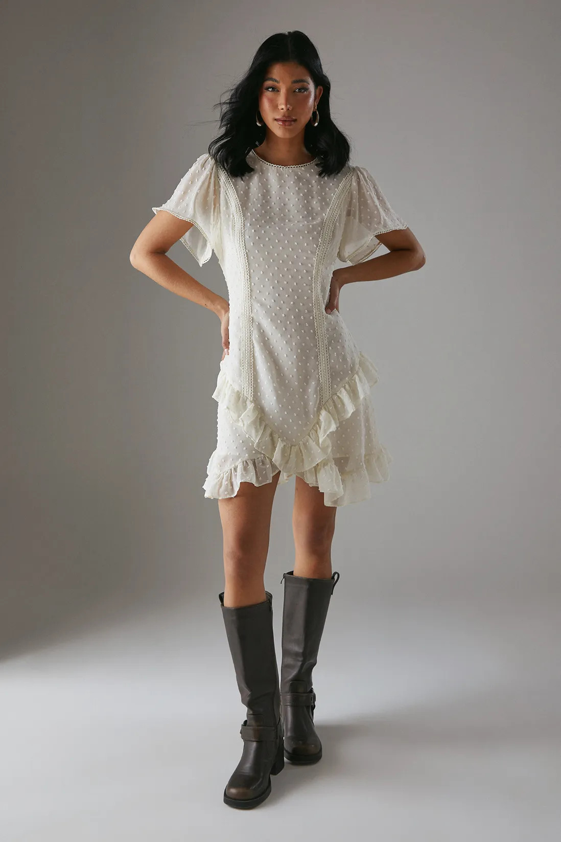 Dresses | HCD Dobby Chiffon Lace Trim Ruffle Mini Dress | Warehouse | Debenhams UK