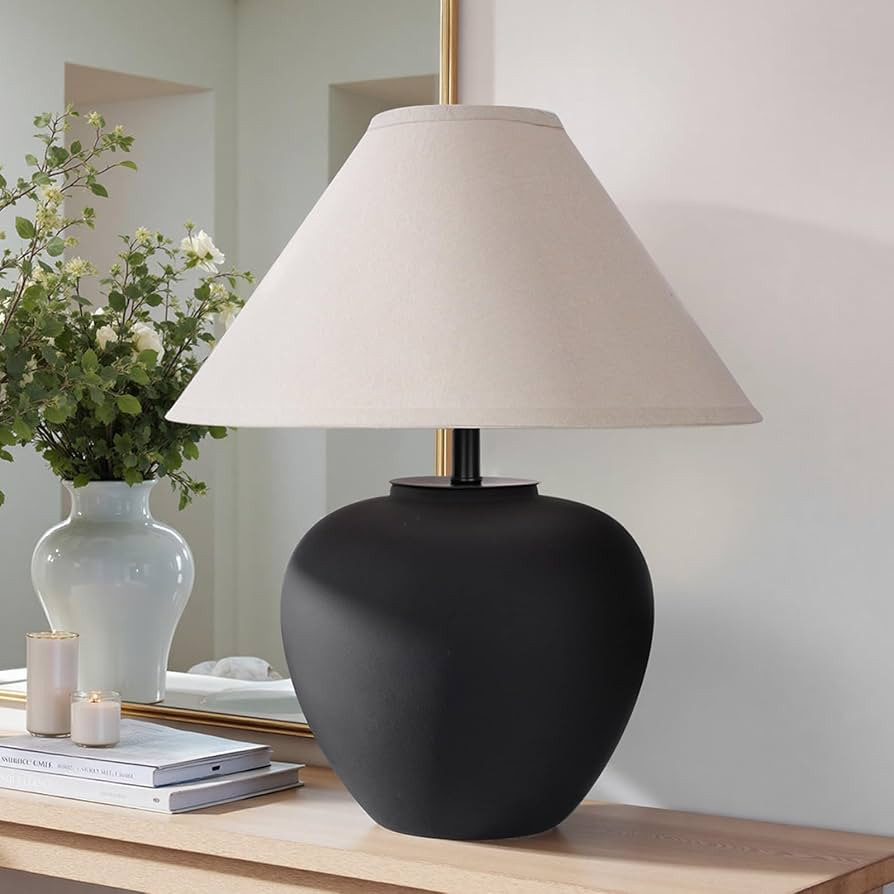 YEPDIN Ceramic Pot Table Lamp 18.5 inch Circular Frosted Nightstand Lamp, Tapered Fabric Shade Be... | Amazon (US)