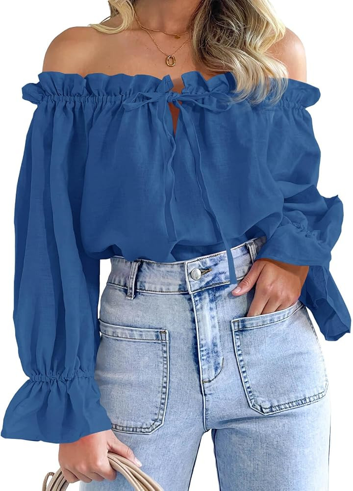 Imily Bela Womens Off The Shoulder Tops Puff Long Sleeve Tie Front Loose Fit Ruffle Shirts Blouse... | Amazon (US)