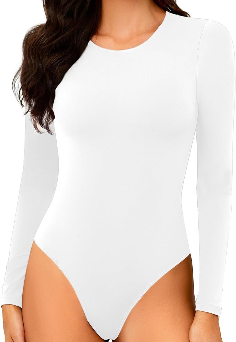 Womens Long Sleeve Bodysuit Thong: Double Lined Slimming Body Suit - Seamless Crew Neck One Piece... | Amazon (US)