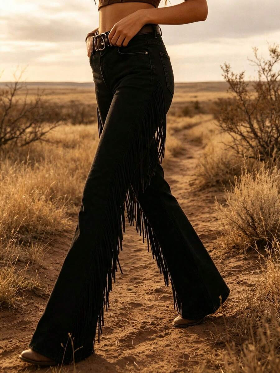 Women's High-Waisted Flared Jeans With Side Fringe – Western-Style Trousers | SHEIN