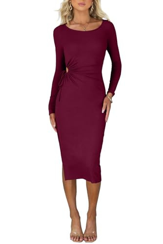 IHOT Women's Casual Long Sleeve Cutout Side Slit Drawstring Scoop Neck Ribbed Knit Fall Wedding Guest Party Bodycon Midi Dresses Wine Red Medium | Amazon (US)