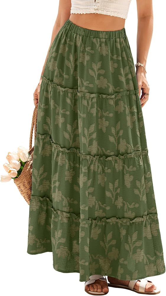 Simplee Womens Summer Floral Maxi Skirt Boho A Line High Waisted Tiered Flowy Long Skirts Beach V... | Amazon (US)
