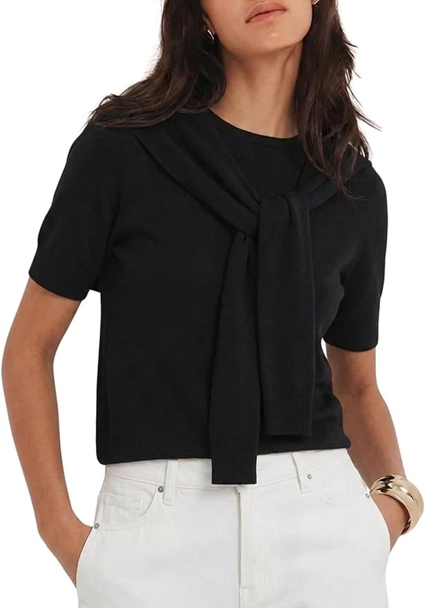 EsheSy Women's Shawl Knit Top Crewneck Short Sleeves Cropped Pullover Trendy Casual Easy to Match... | Amazon (US)