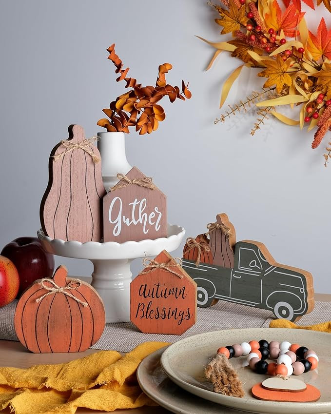 RM ROOMERS Fall Tiered Tray Decor, 6 Pcs Fall Decorations for Home, Fall Wood Pumpkin Truck Sign ... | Amazon (US)