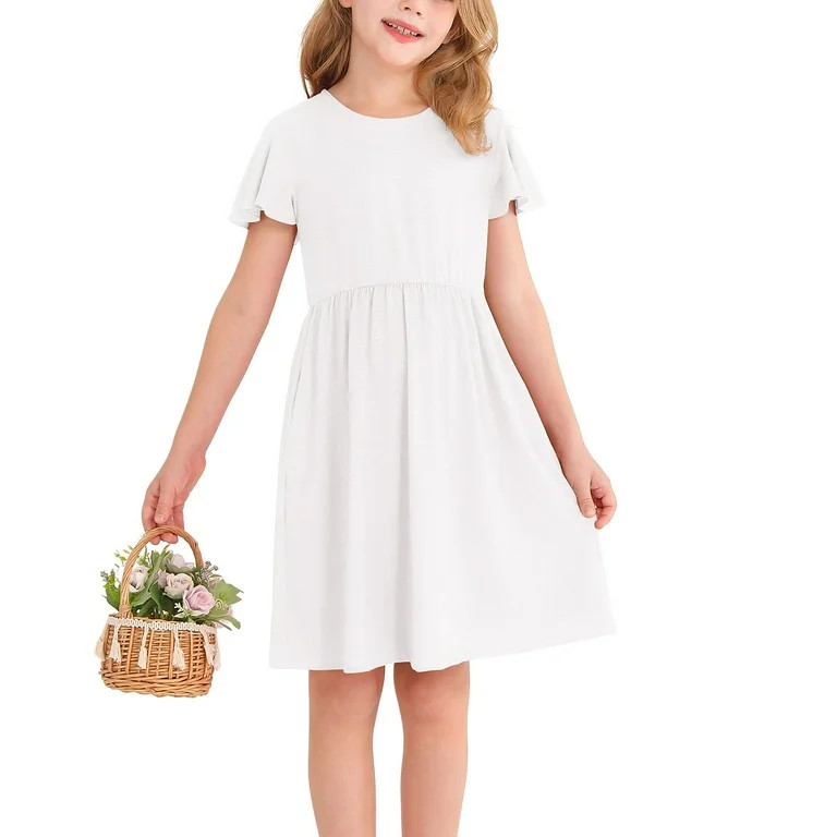 Actgleam Girl's Ruffle Sleeve Summer Dress A-Line Casual Swing Cute Dresses with 2 Pockets for Ki... | Walmart (US)