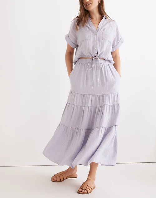 Linen-Blend Pull-On Tiered Maxi Skirt in Stripe-Play | Madewell