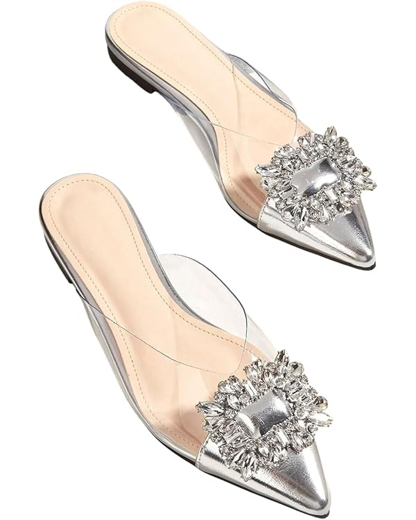 Floerns Women's Rhinestone Transparent Closed Pointed Toe Backless Mules Flat | Amazon (US)