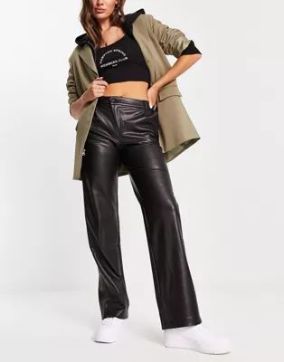 Pull&Bear faux leather contrast stitching mid waist straight leg trouser co-ord in black | ASOS (Global)