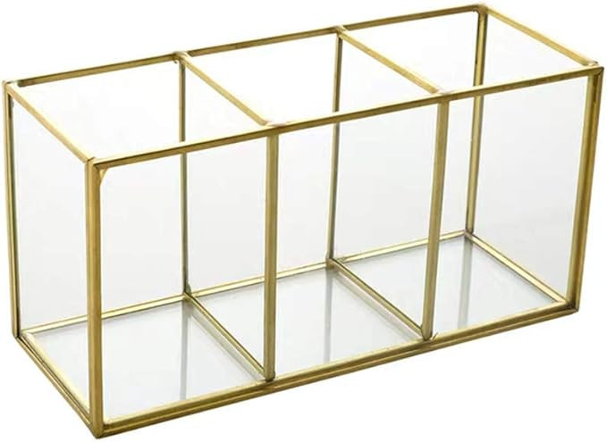 Agghia Gold Makeup Brush Holder Organizer, 3 Slot Vintage Handmade Brass Glass Cosmetics Brushes ... | Amazon (US)