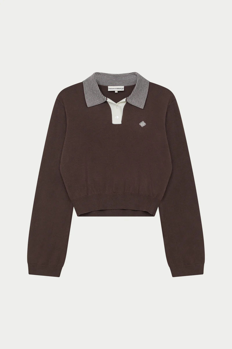 LONG SLEEVE KNITTED COLLAR POLO TOP - BROWN | The Couture Club