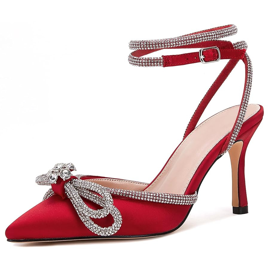 VETASTE Women's Double Bow Pointed Toe Ankle Strap Crystal Pumps Wedding Bridal Party Stilettos B... | Amazon (US)