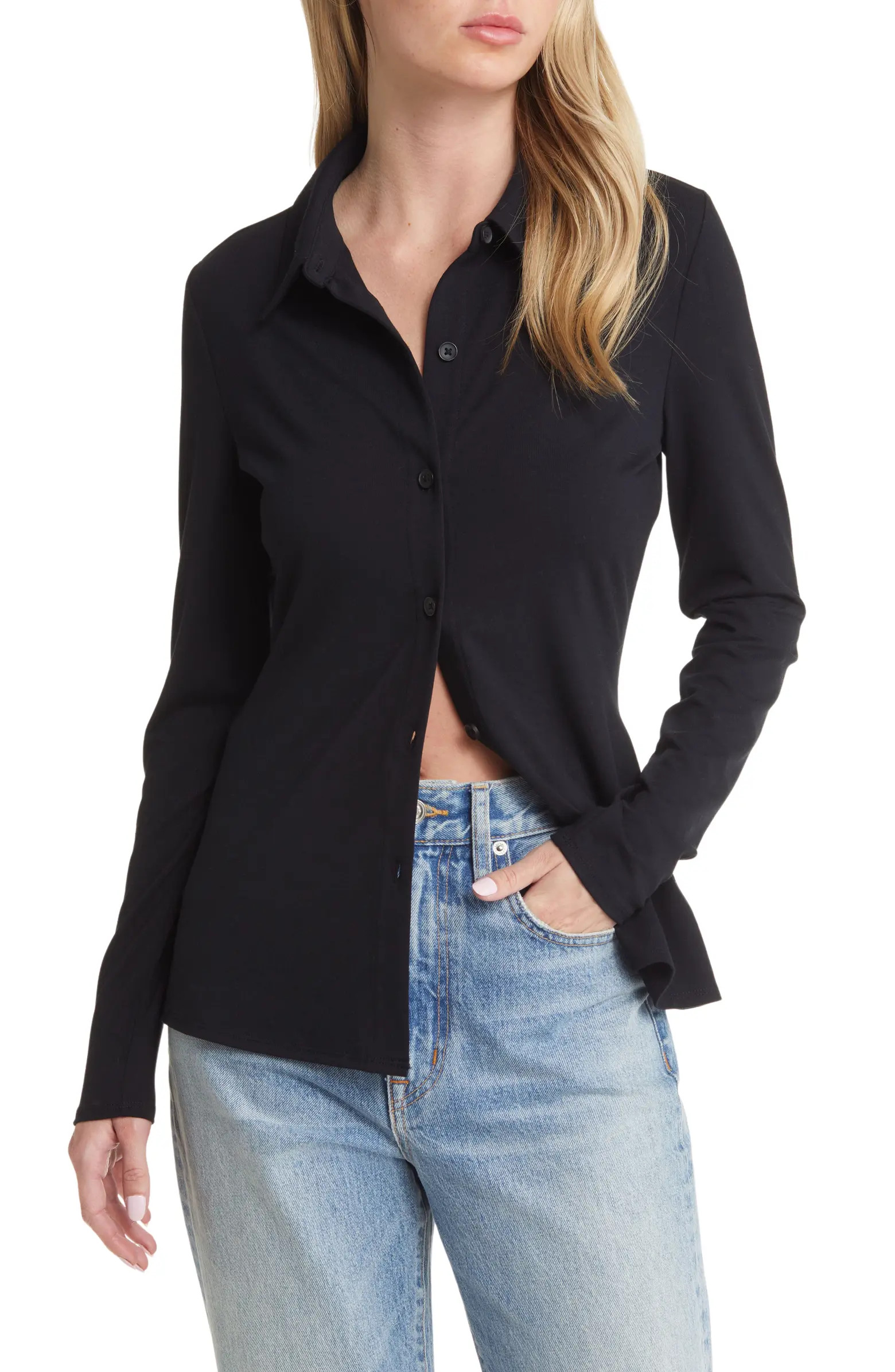 Open Edit Stretch Knit Button-Up Shirt | Nordstrom | Nordstrom